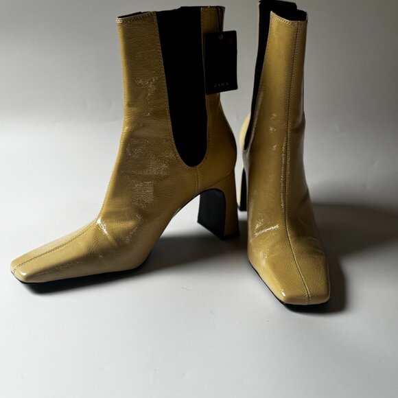 New ZARA Leather Patent Beige High Heel Ankle Boots Bootie Elastic Square toe 7 - Picture 7 of 11